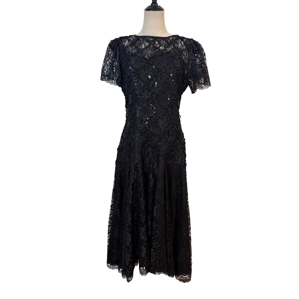 vtg 80s Lace Sequin Dress Basque waist sz 8 Black Cocktail glam goth whimsigoth
